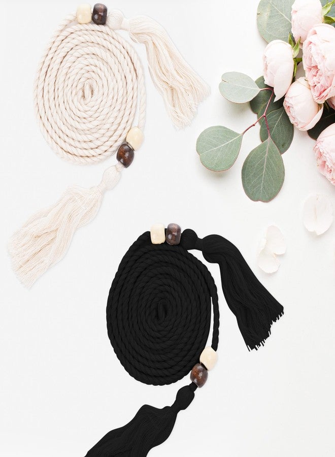 Suohheh 2 Pcs Tassel Braided Waist Belt for Women Trendy, Thin Boho Rope Belts for Women Cotton Rope Chain Ties Waistband for Cloth Tunics Beaded Skirt Dress Pants Robe Bowknot Decorative(Black & Beige) - Image 5